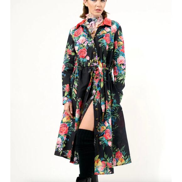 NWT ARATTA Zinnia Shirt Dress - Black Floral with Velvet Collar - Size M - Picture 2 of 4